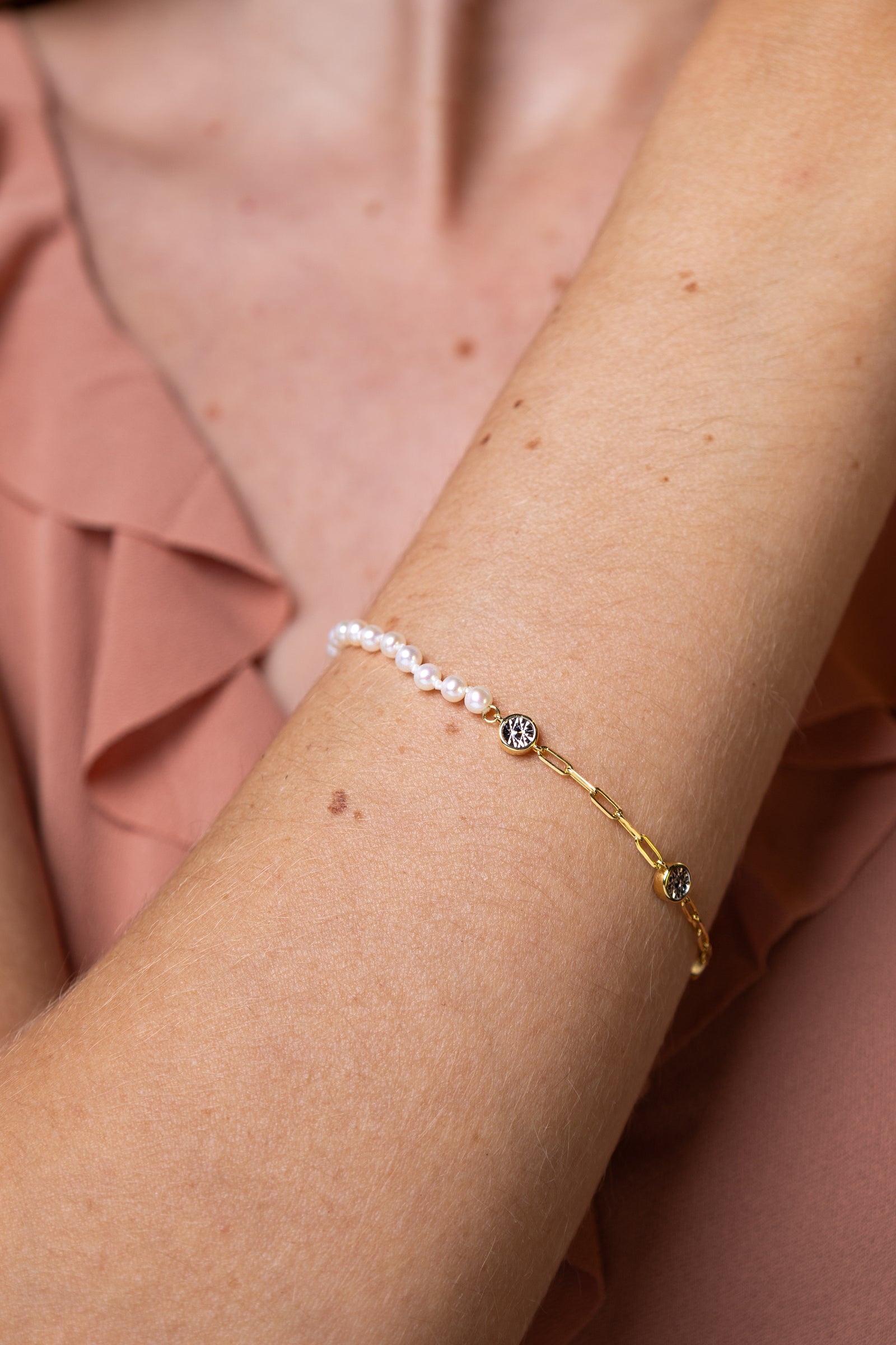 women wearing Gold Freshwater Baby Pearl & Lab-Created Diamond Station Paperclip Bracelet