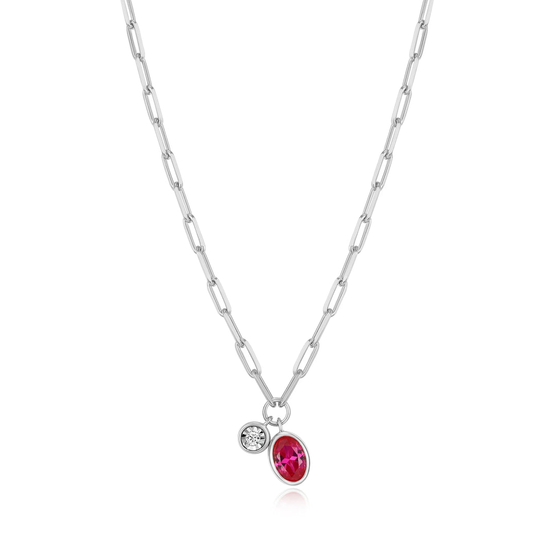 Silver July Birthstone Lab-Created Ruby & Lab-Created Diamond Mini Paperclip Necklace