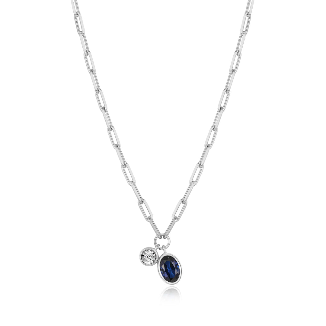 Silver September Birthstone Lab-Created Sapphire & Lab-Created Diamond Mini Paperclip Necklace