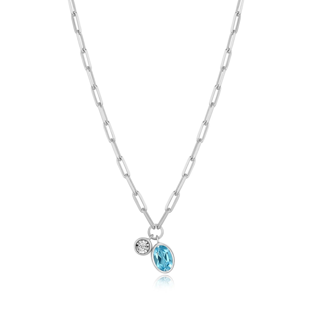 Silver December Birthstone Genuine Blue Topaz & Lab-Created Diamond Mini Paperclip Necklace
