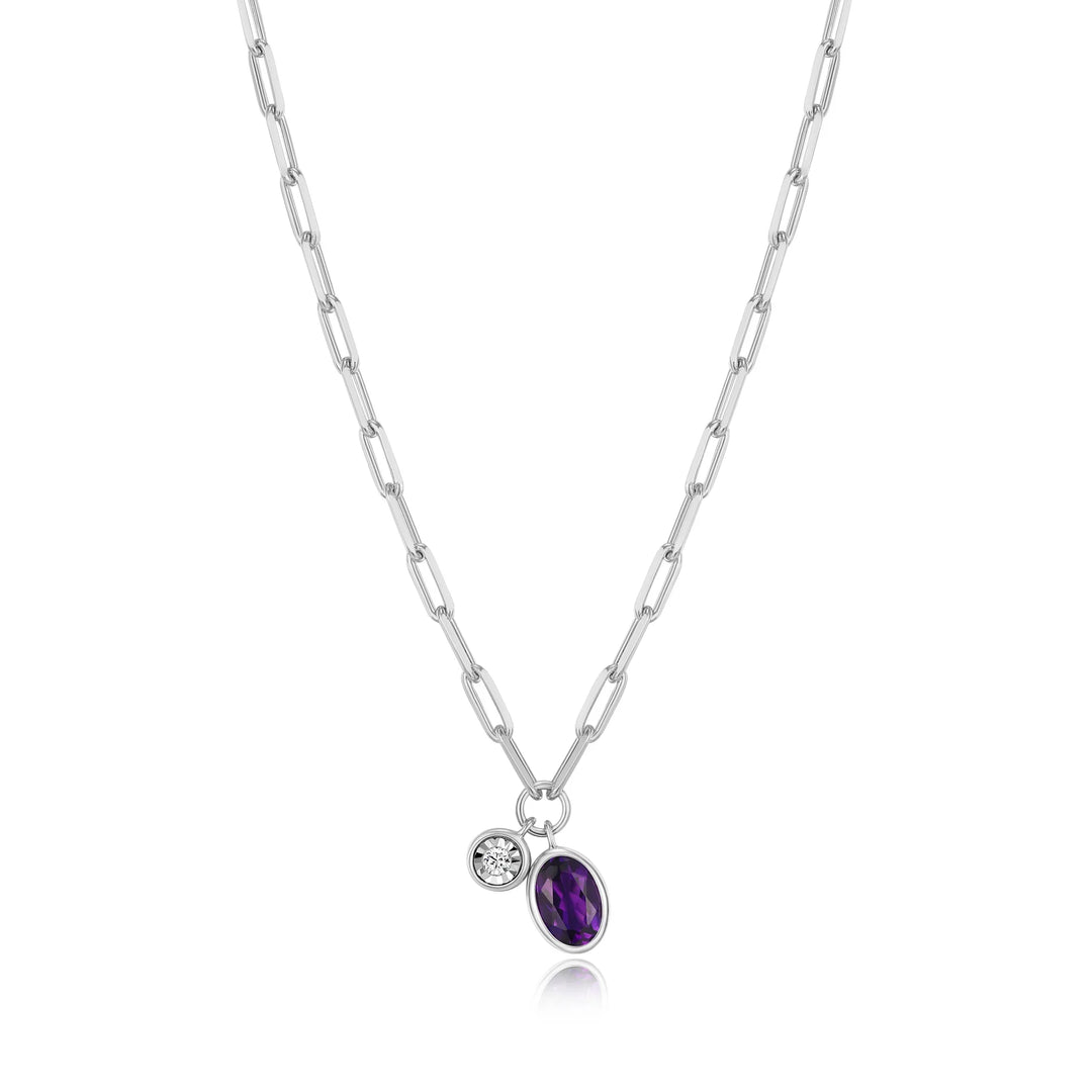 Silver February Birthstone Genuine Amethyst & Lab-Created Diamond Mini Paperclip Necklace