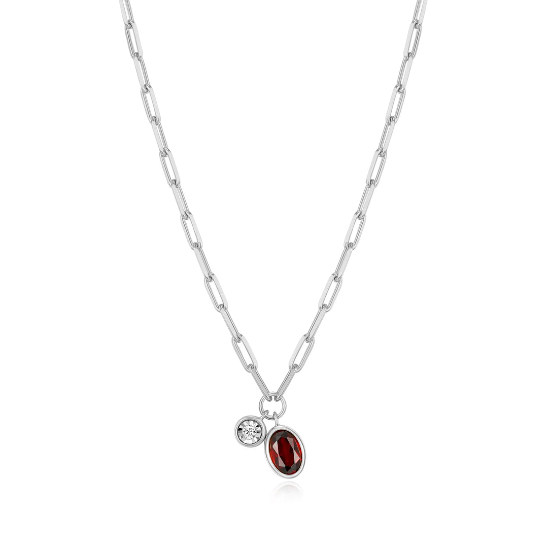 Silver January Birthstone Genuine Garnet & Lab-Created Diamond Mini Paperclip Necklace