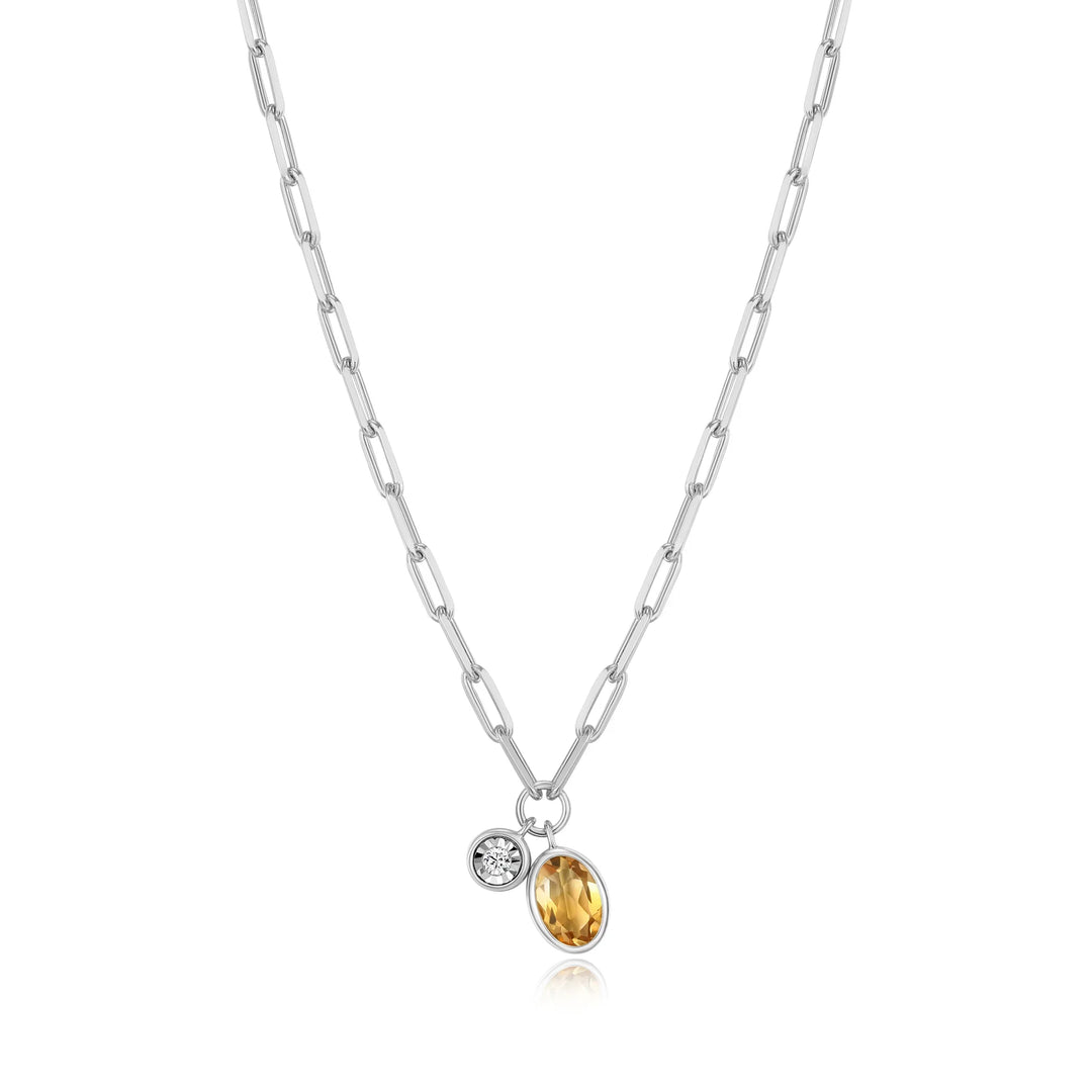 Silver November Birthstone Genuine Citrine & Lab-Created Diamond Mini Paperclip Necklace