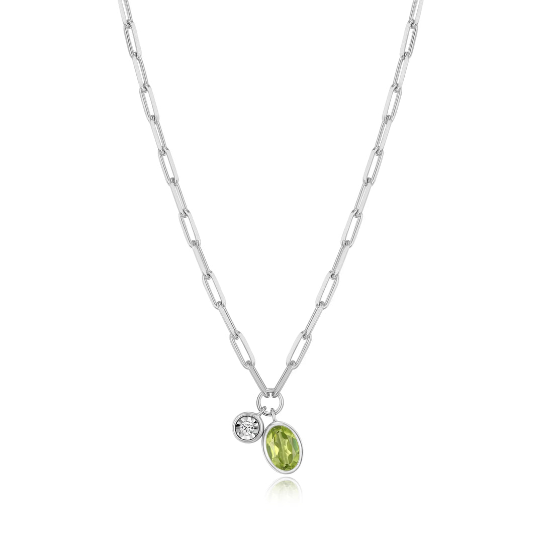 Silver August Birthstone Genuine Peridot & Lab-Created Diamond Mini Paperclip Necklace