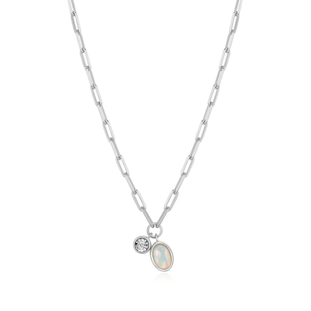 Silver October Birthstone Lab-Created Opal & Lab-Created Diamond Mini Paperclip Necklace