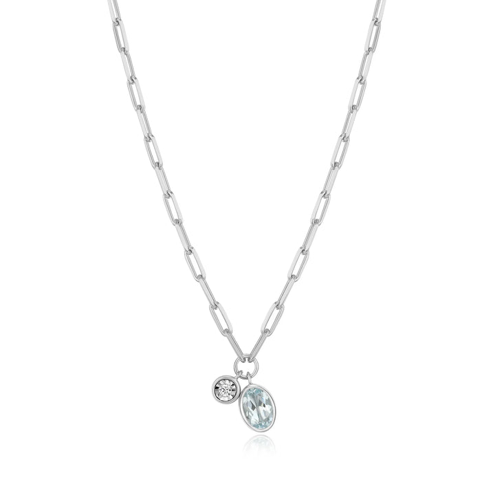 Silver March Birthstone Genuine Aquamarine & Lab-Created Diamond Mini Paperclip Necklace
