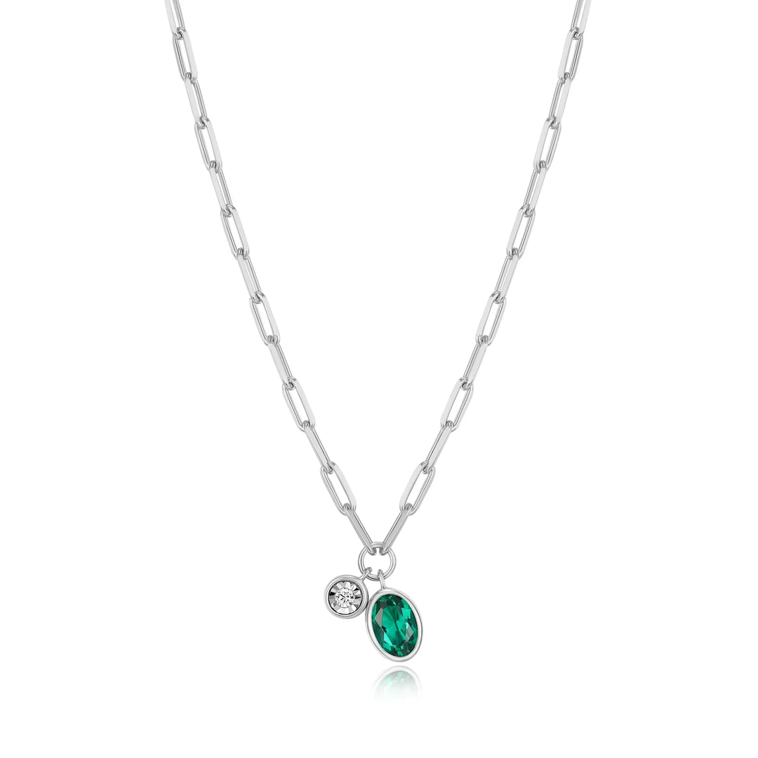 Silver May Birthstone Lab-Created Emerald & Lab-Created Diamond Mini Paperclip Necklace