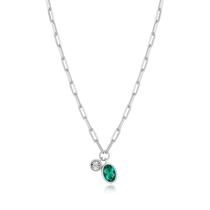 Silver May Birthstone Lab-Created Emerald & Lab-Created Diamond Mini Paperclip Necklace