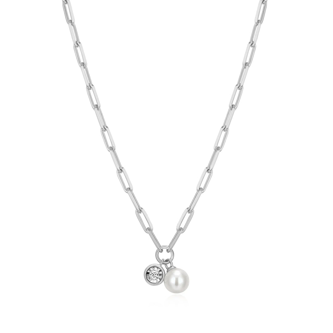 Silver June Birthstone Freshwater Pearl & Lab-Created Diamond Mini Paperclip Necklace