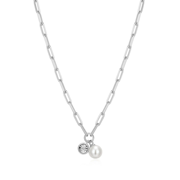 Silver June Birthstone Freshwater Pearl & Lab-Created Diamond Mini Paperclip Necklace