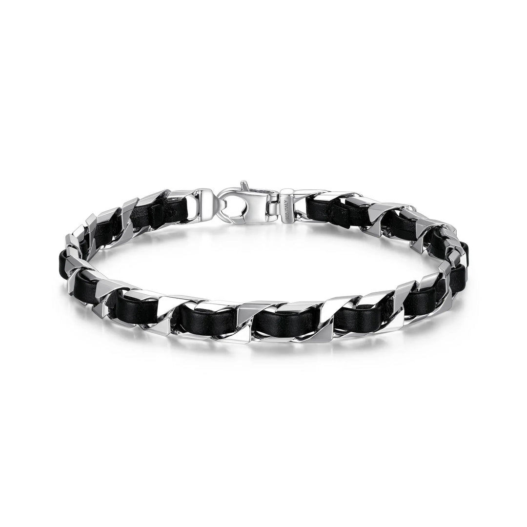 Italian Chain Rhodium Plated Curb Chain with Black Leather Bracelet