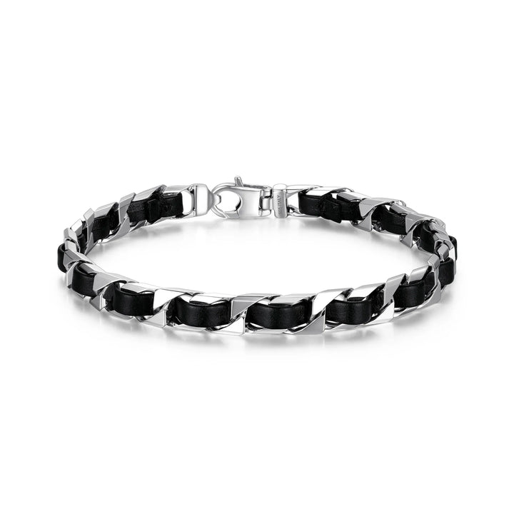 Italian Chain Rhodium Plated Curb Chain with Black Leather Bracelet