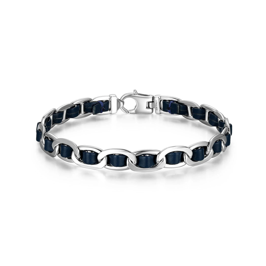 Italian Chain Rhodium Plated Mariner Chain Bracelet with Blue Flat Leather - 7.75"