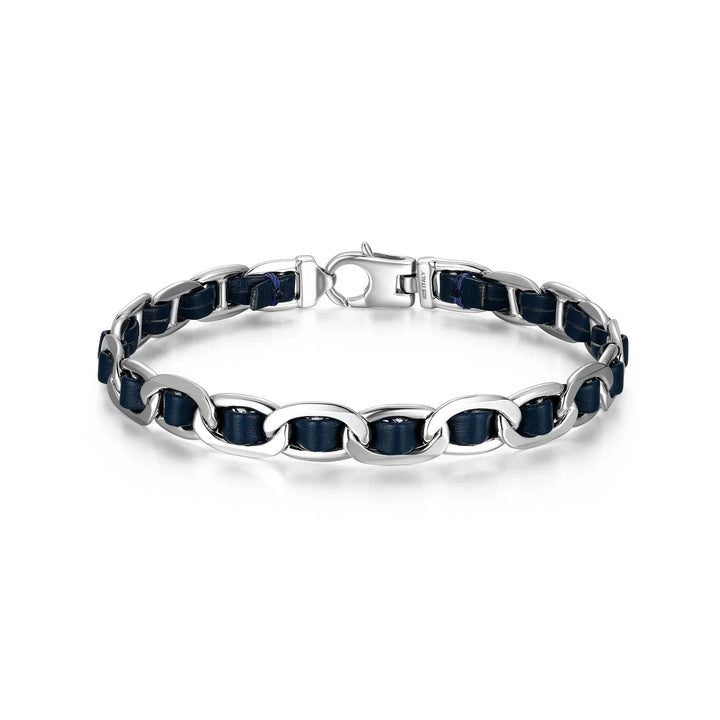 Italian Chain Rhodium Plated Mariner Chain Bracelet with Blue Flat Leather - 7.75"