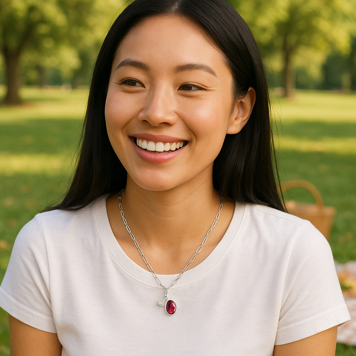 Silver July Birthstone Lab-Created Ruby & Lab-Created Diamond Mini Paperclip Necklace