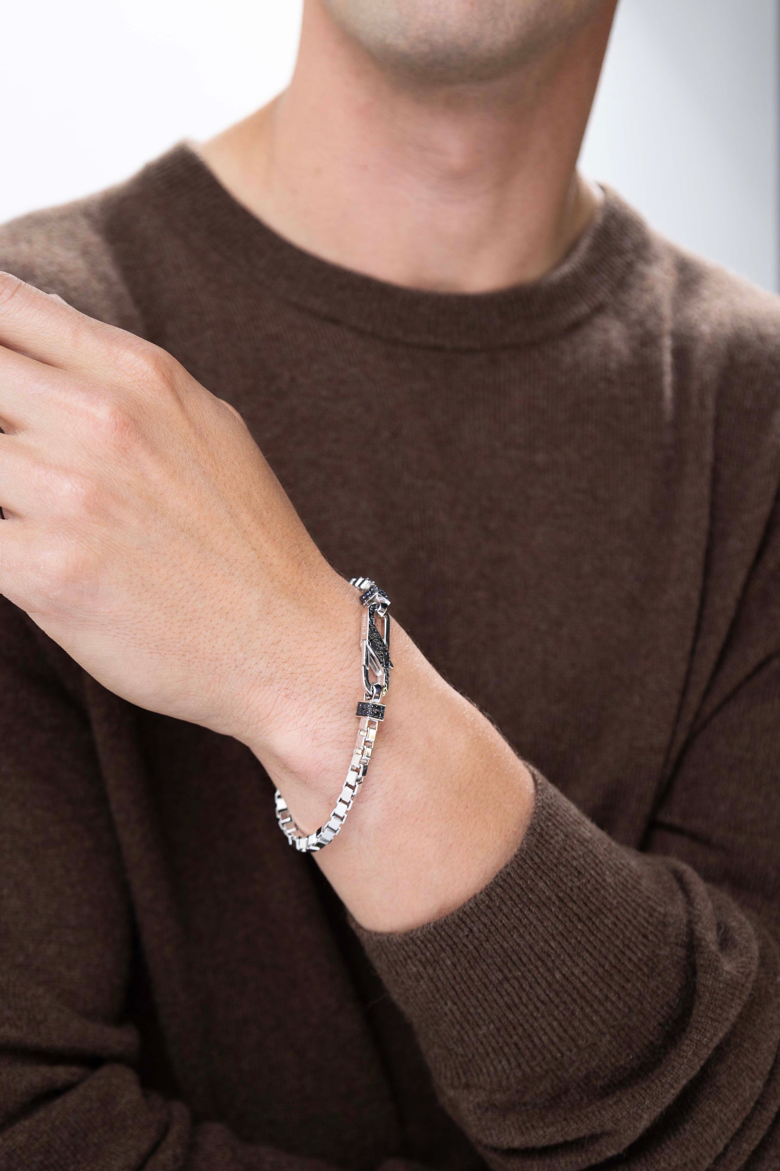 man wearing Links Gunmetal Rhodium Finish Sterling Silver Bracelet