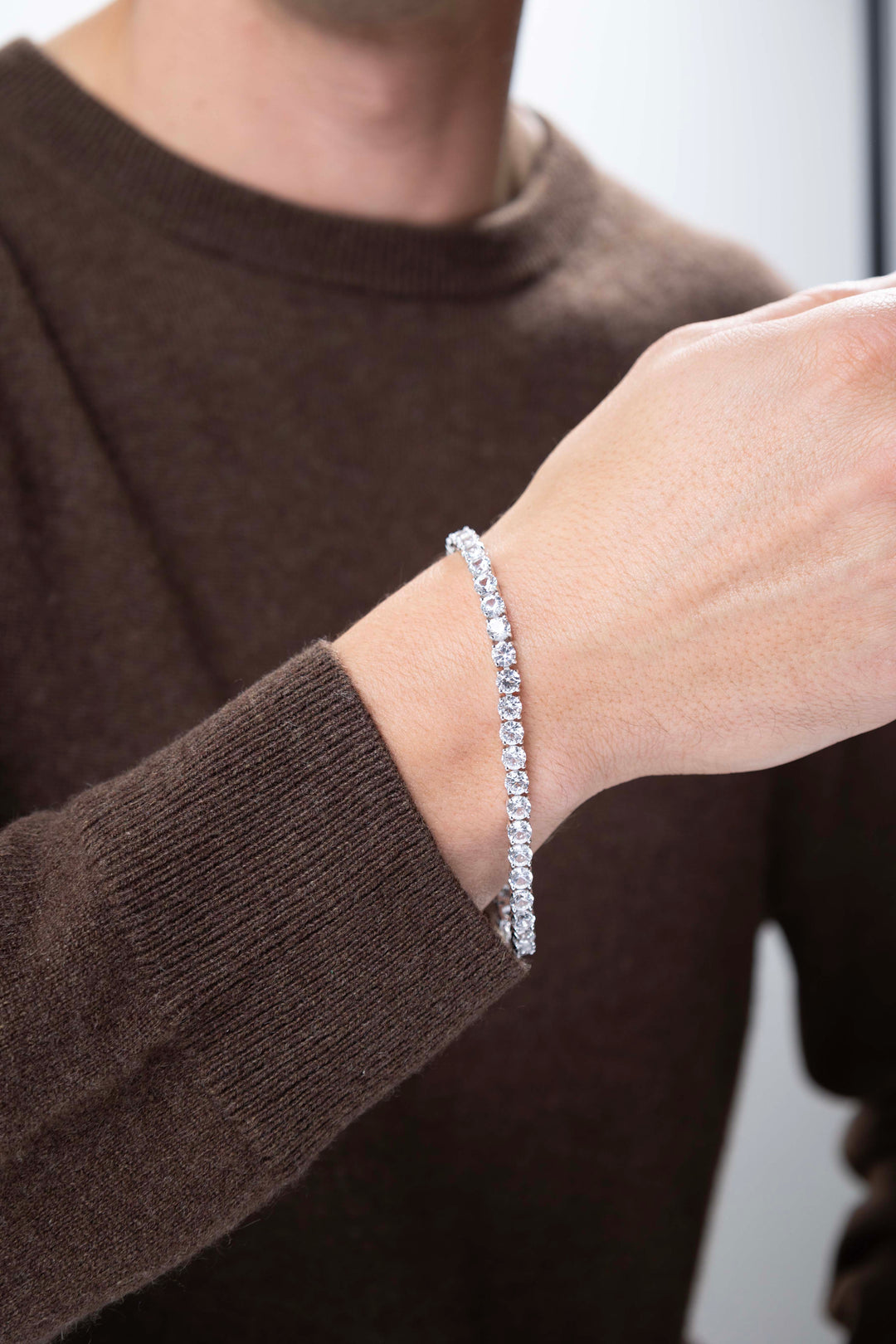 man wearing Basic Rhodium Plated Sterling Silver and Created White Sapphire Bracelet