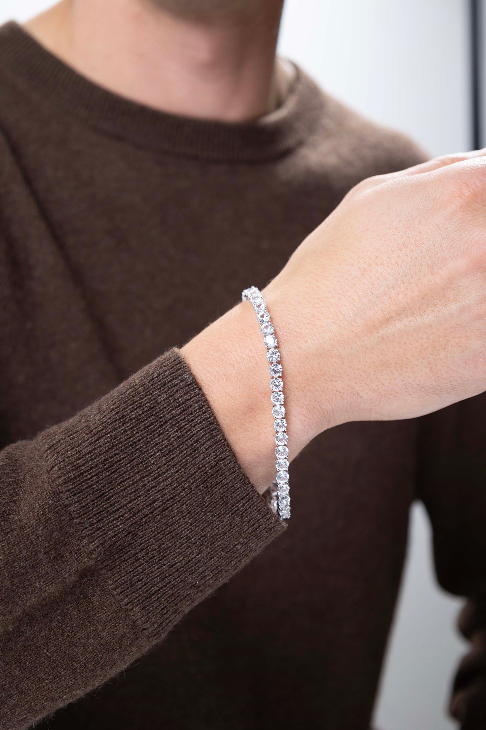 man wearing Basic Rhodium Plated Sterling Silver and Created White Sapphire Bracelet