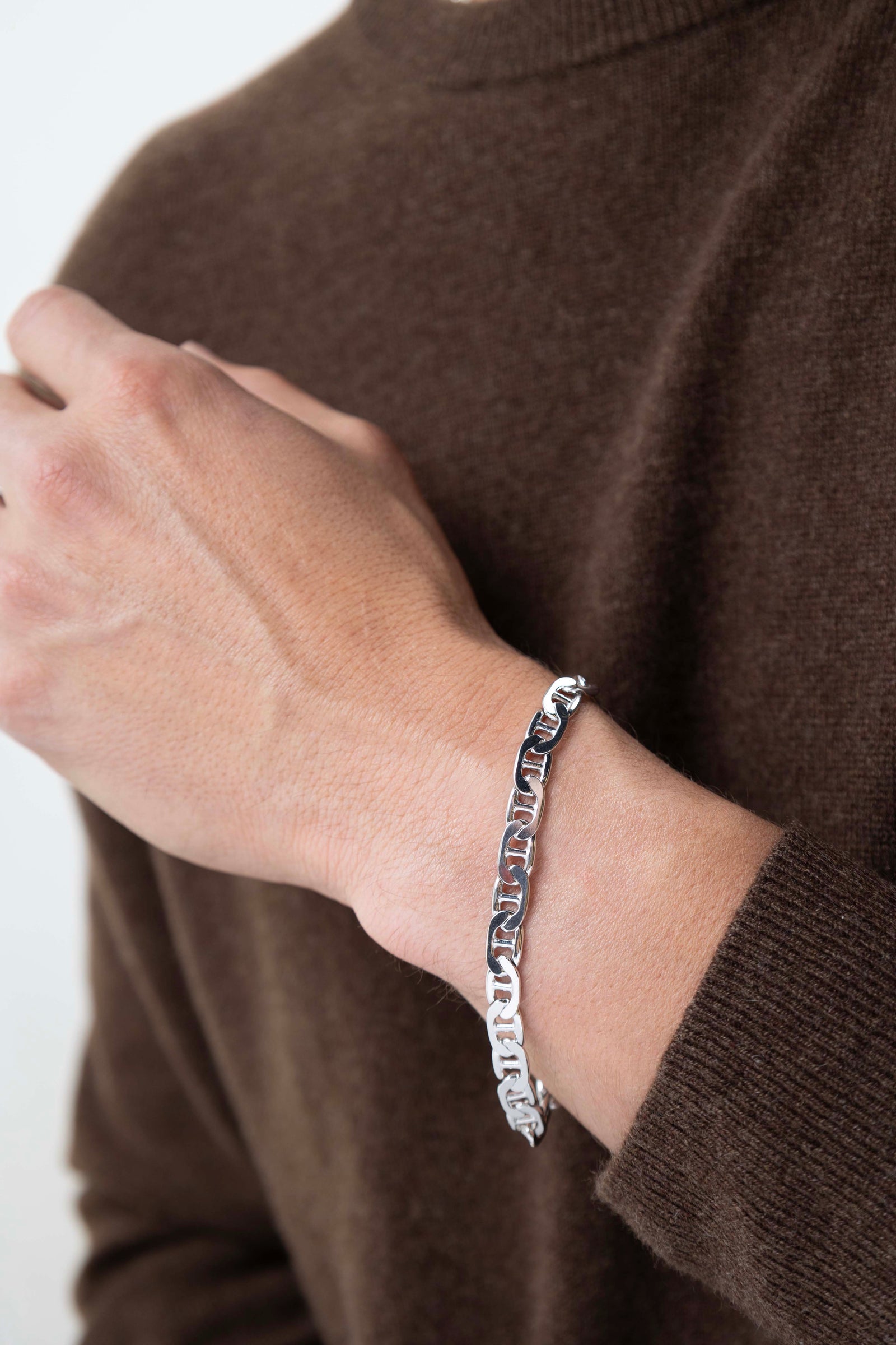 Man wearing Italian Chain Rhodium Plated Marine Bracelet - 8.5"