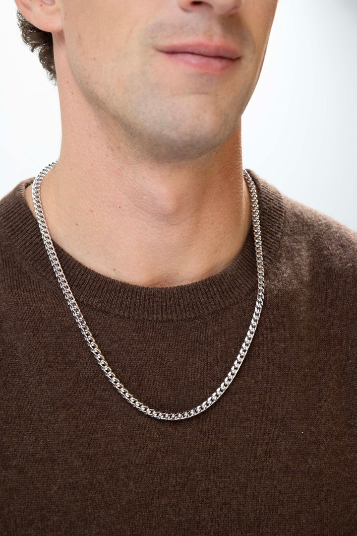 man wearing Italian Chain Rhodium Plated 4-Side Franco Chain Necklace - 24"