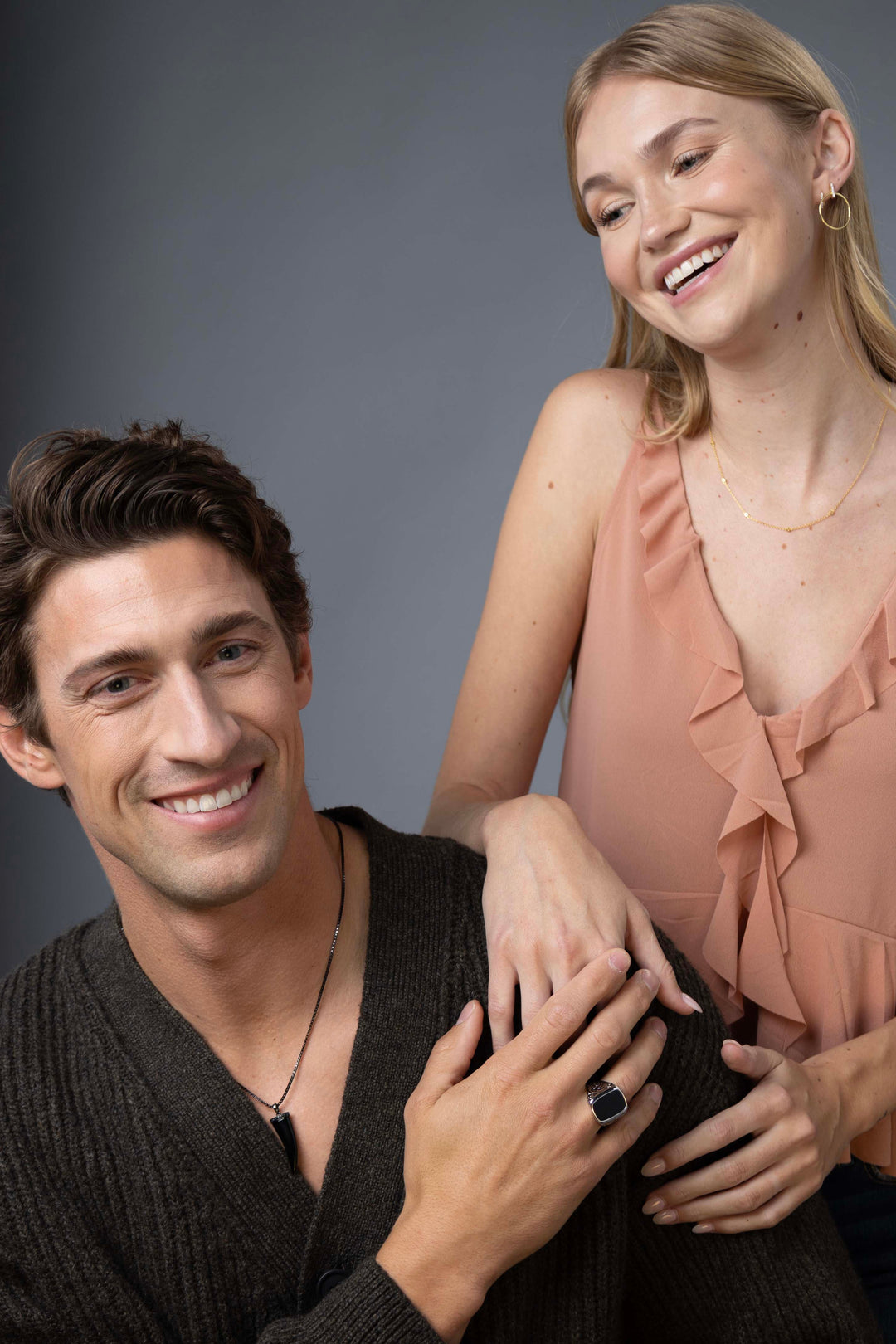 man wearing Eclipse Gunmetal Rhodium Finish Sterling Silver Necklace next to female 