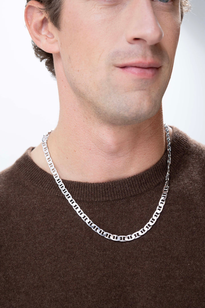 Man wearing Italian Chain Rhodium Plated Marine Necklace - 22" 