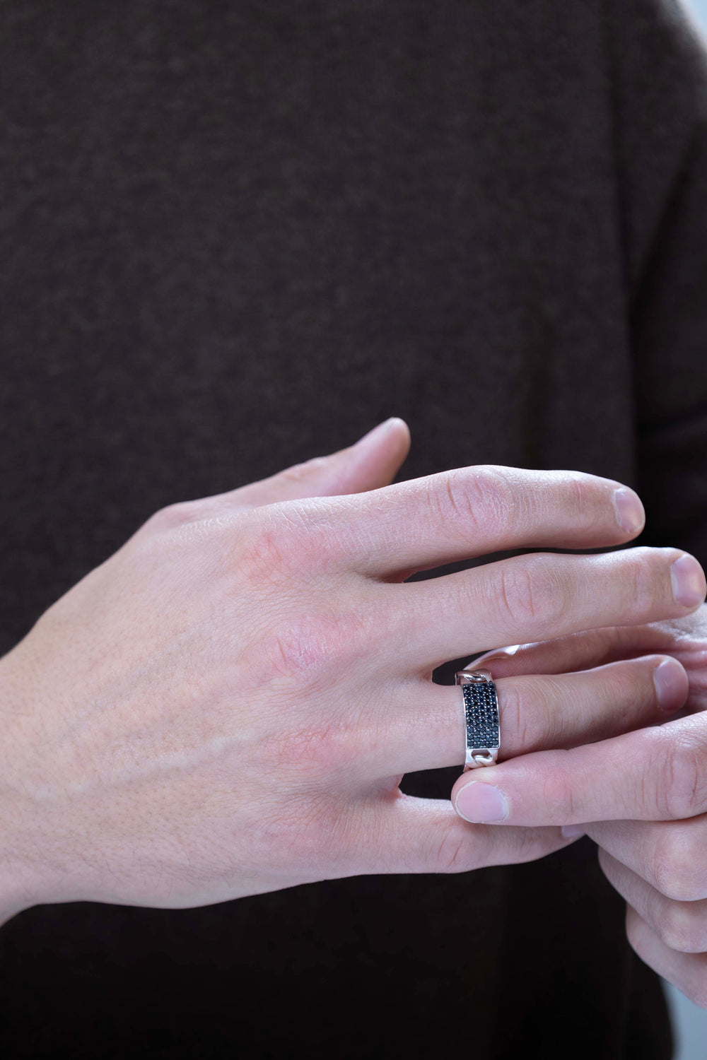 Man wearing Links Gunmetal Rhodium Finish Sterling Silver Ring