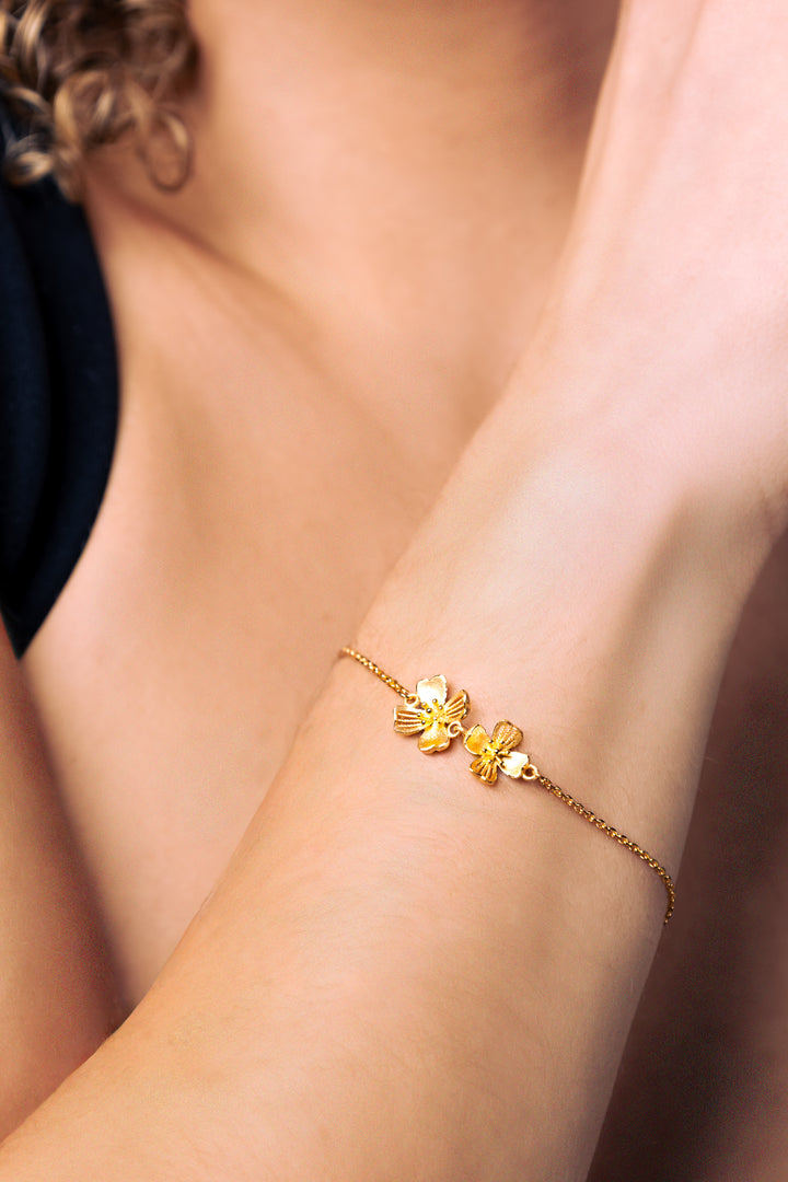 24k Gold Double Floral Pendant Chain Bracelet